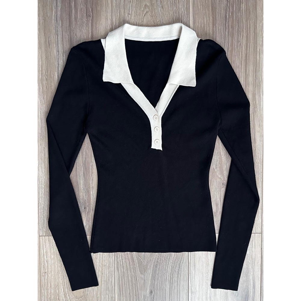 Commense Black Ribbed Knit Polo Top SM Long Sleeve Contrast Collar Office Siren - Picture 6 of 8